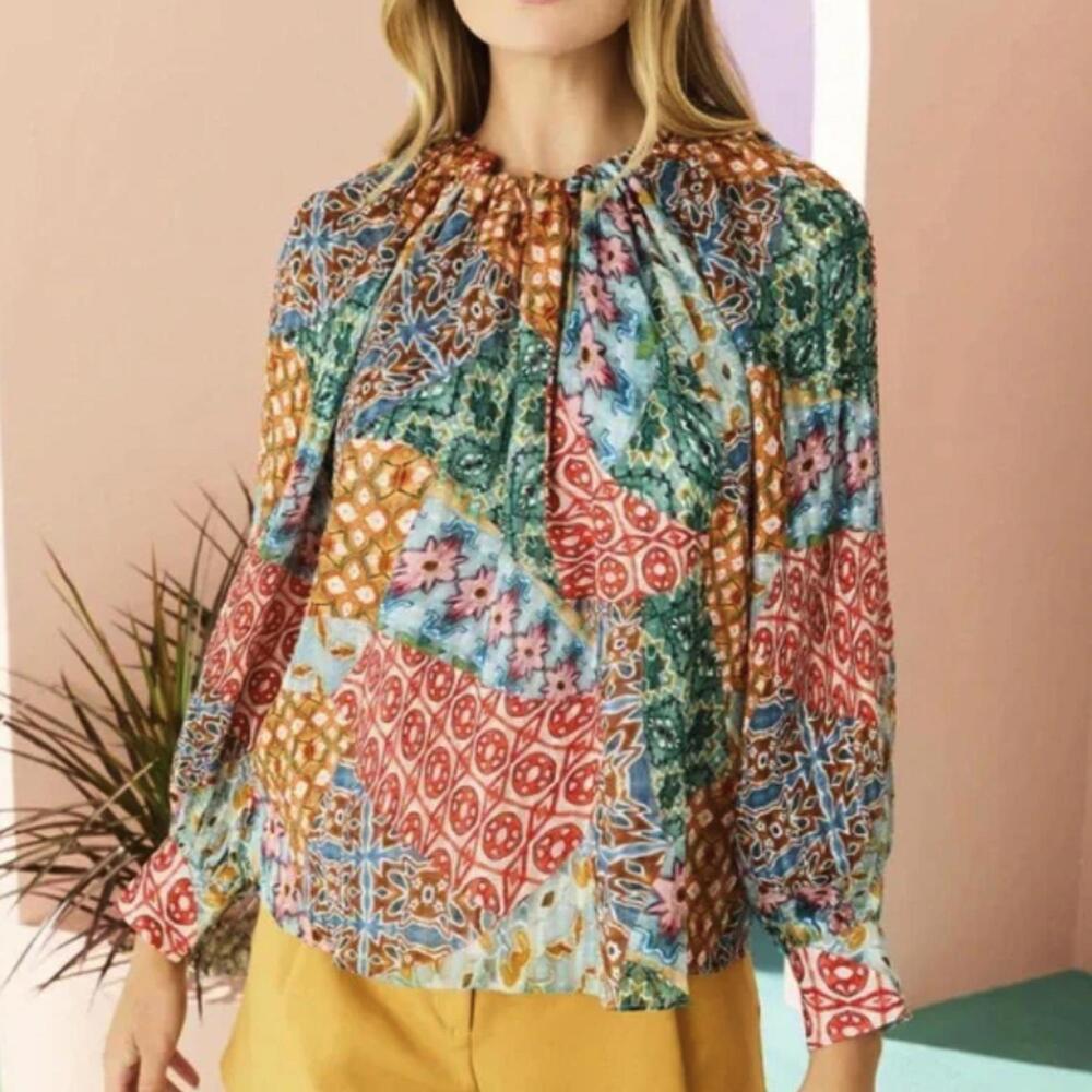 Marie Oliver Orange Lightweight Jenna Silk Blend Patchwork Blouse - Size - XS